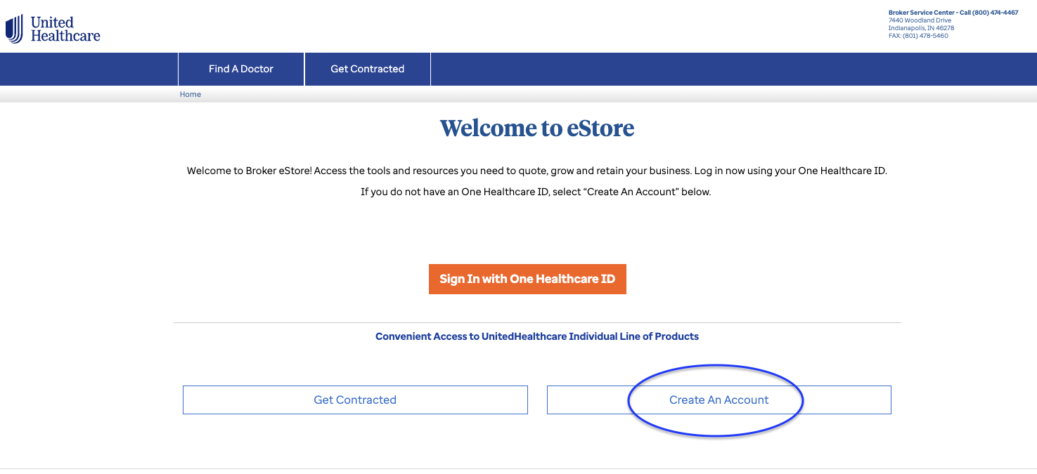 UHC eStore welcome page with Create An Account circled