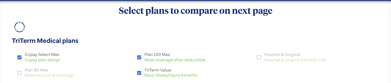 TriTerm Medical plan checkboxes with the three approved plans checked