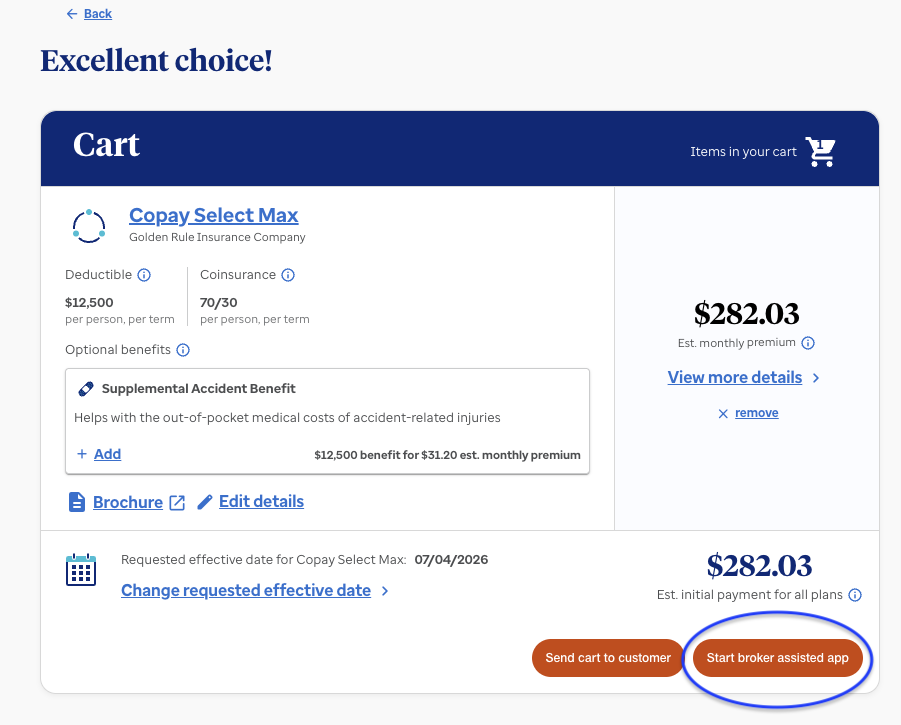 Cart page with Start broker assisted app button circled