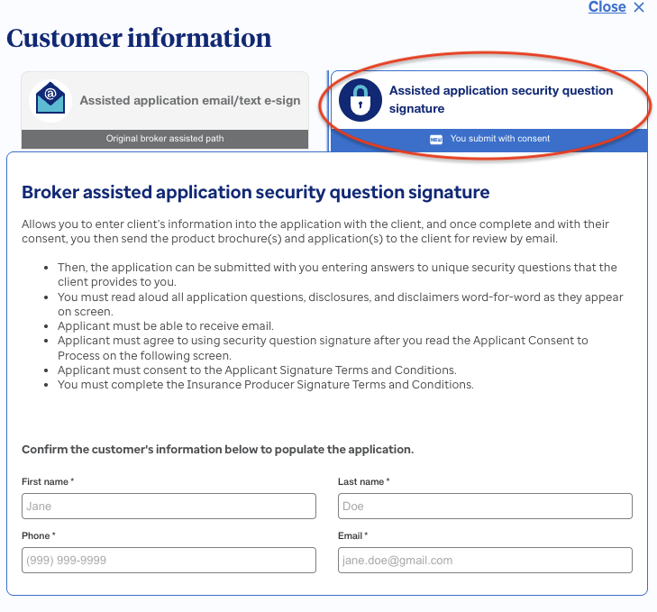 Customer information panel with the security question signature tab circled