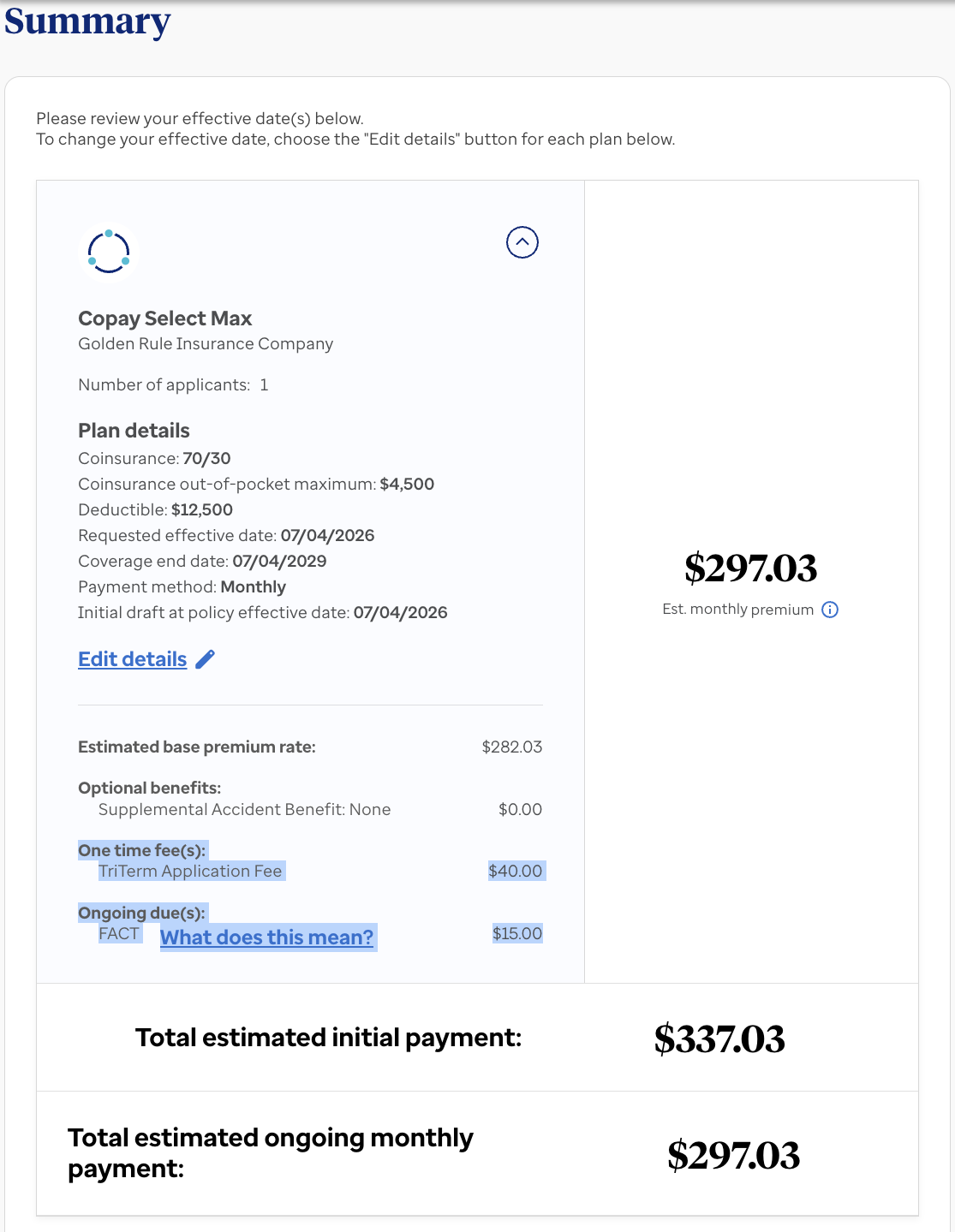 Summary page showing TriTerm application fee and FACT fee highlighted