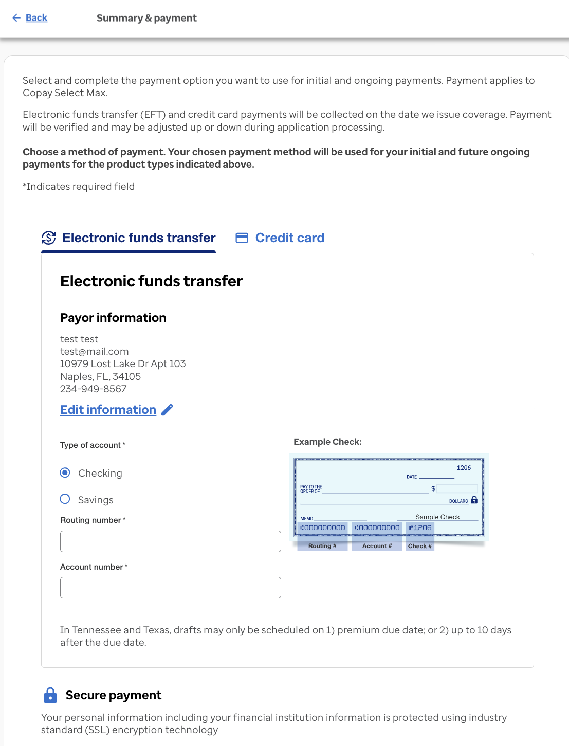 Electronic funds transfer payment screen with example check